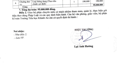 Công khai quyết định phê duyệt dự toán gói thầu mua sắm tài sản, trang thiết bị dạy học cho trường tiểu học Khánh An