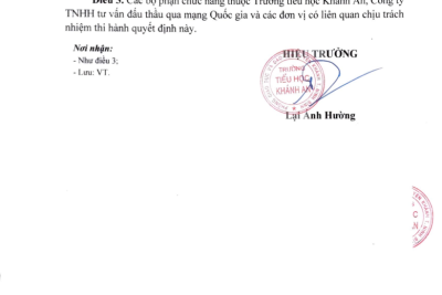 Quyết định chỉ định đơn vị tư vấn lập E-HSMT, phân tích đánh giá E-HSDT Gói thầu: Mua sắm thiết bị dạy học tối thiểu lớp 3 của trưởng tiểu học Khánh An